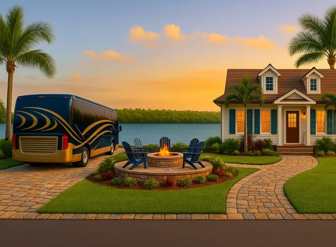 Luxury Motorcoach on Lakefront Lot with Casita